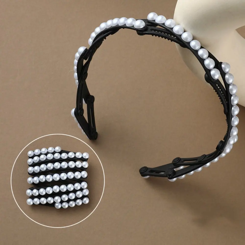 All-matched Forsted Foldable Pearl Headband Plastic Small Retractable Hair Hoop Coffee Pink Portable Hair Band Girls