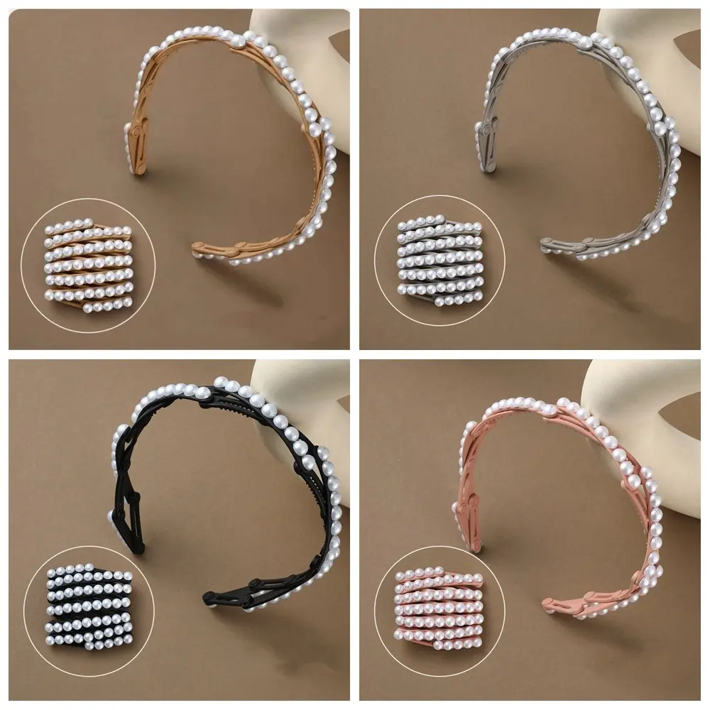 All-matched Forsted Foldable Pearl Headband Plastic Small Retractable Hair Hoop Coffee Pink Portable Hair Band Girls