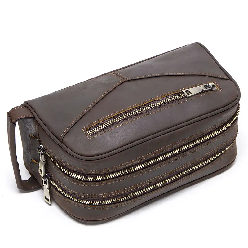 CONTACT'S crazy horse genuine leather men cosmetic bag travel toiletry bag big capacity wash bags man's make up bags organizer