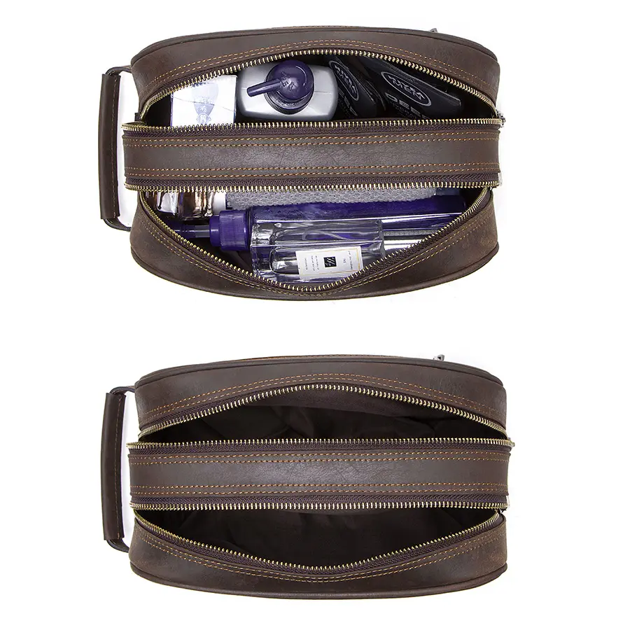 CONTACT'S crazy horse genuine leather men cosmetic bag travel toiletry bag big capacity wash bags man's make up bags organizer