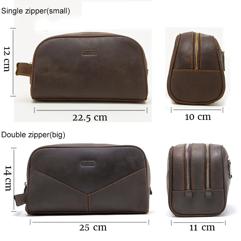 CONTACT'S crazy horse genuine leather men cosmetic bag travel toiletry bag big capacity wash bags man's make up bags organizer