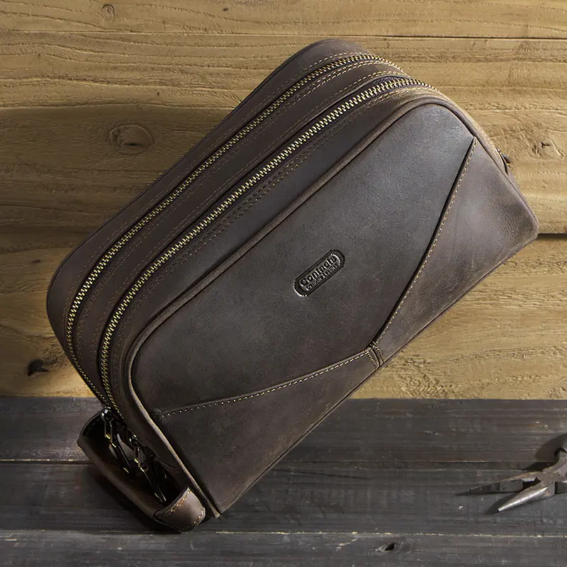 CONTACT'S crazy horse genuine leather men cosmetic bag travel toiletry bag big capacity wash bags man's make up bags organizer