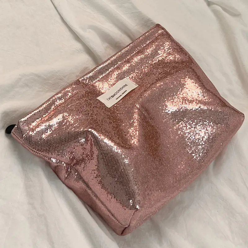 New Shiny Sequins Silver Champagne Clutch Cosmetic Bag Makeup Bag Portable Toiletries Skincare Storage Bag Organizer Pouch