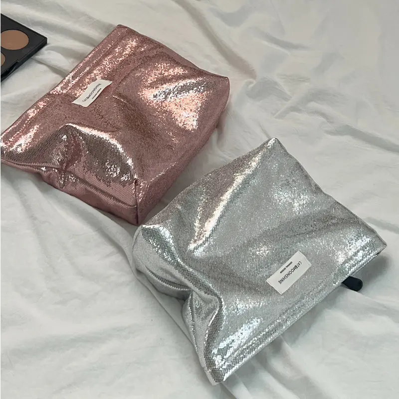 New Shiny Sequins Silver Champagne Clutch Cosmetic Bag Makeup Bag Portable Toiletries Skincare Storage Bag Organizer Pouch