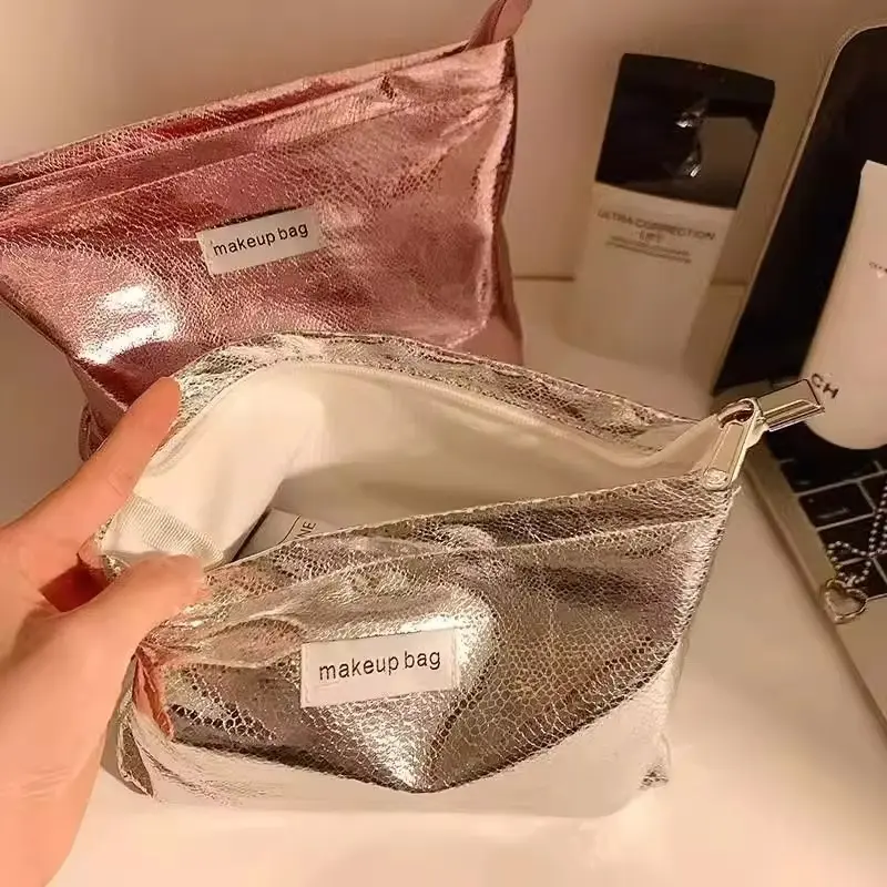Simple Shiny Sequins Silver Clutch Cosmetic Handbag Makeup Bag Portable Girls Toiletries Skincare Storage Bag Organizer Pouch