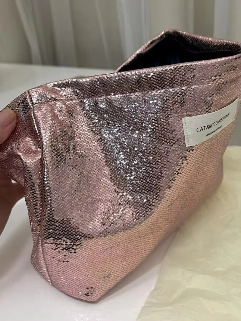 Simple Shiny Sequins Silver Clutch Cosmetic Handbag Makeup Bag Portable Girls Toiletries Skincare Storage Bag Organizer Pouch