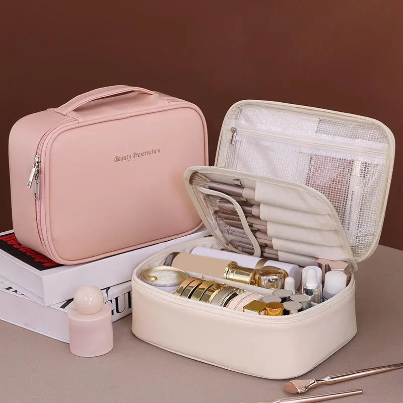 Artificial Leather Large Capacity Makeup Bag Detachable Partition Makeup Storage Bag Travel Makeup Box Birthday Gift