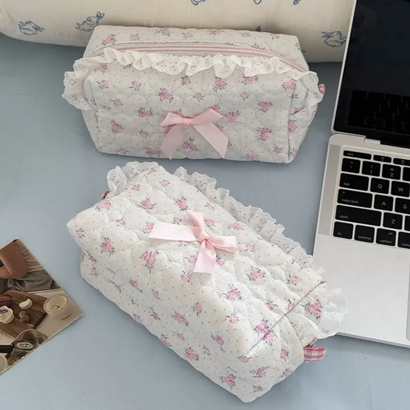 Pink Flower Women Lace Small Makeup Bag Travel Organizer Cosmetic Coins Handbag Pouch Girls Cute Bow Square Zipper Wallet Bags