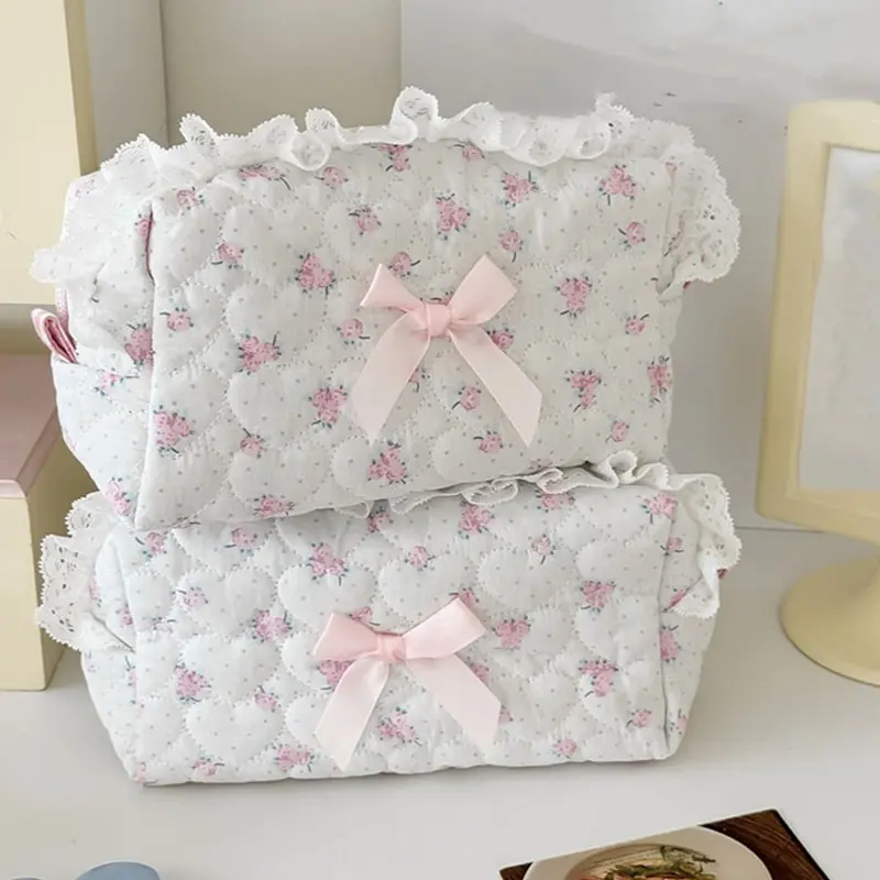 Pink Flower Women Lace Small Makeup Bag Travel Organizer Cosmetic Coins Handbag Pouch Girls Cute Bow Square Zipper Wallet Bags
