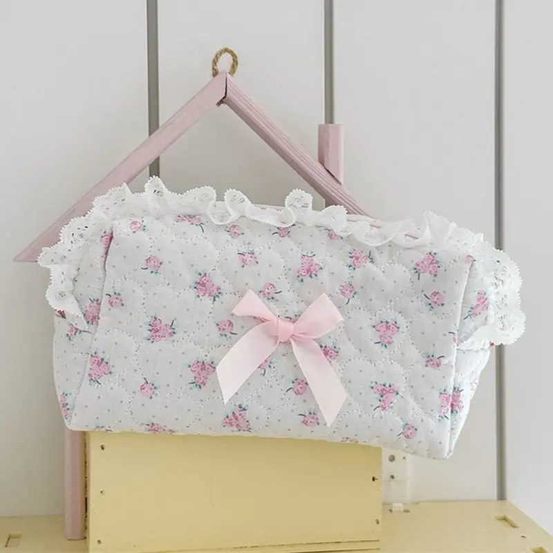 Pink Flower Women Lace Small Makeup Bag Travel Organizer Cosmetic Coins Handbag Pouch Girls Cute Bow Square Zipper Wallet Bags