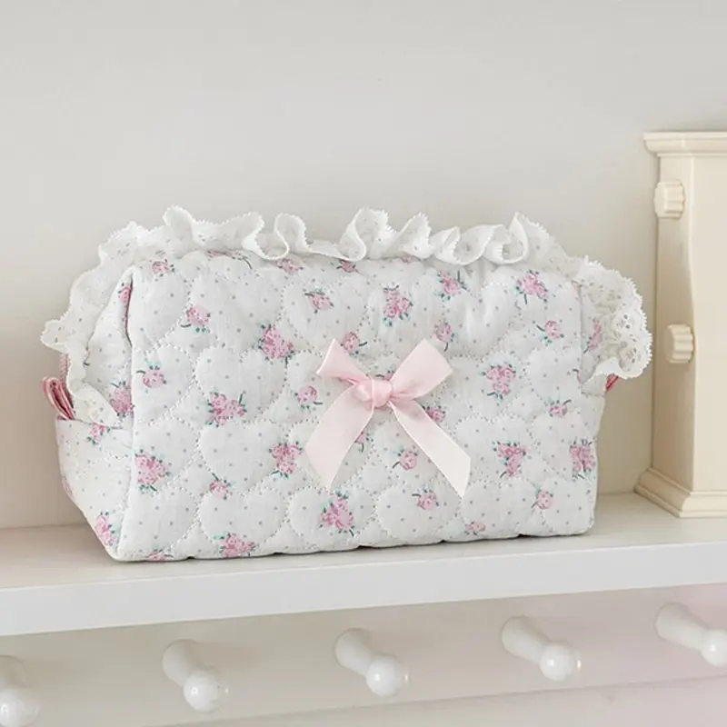 Pink Flower Women Lace Small Makeup Bag Travel Organizer Cosmetic Coins Handbag Pouch Girls Cute Bow Square Zipper Wallet Bags