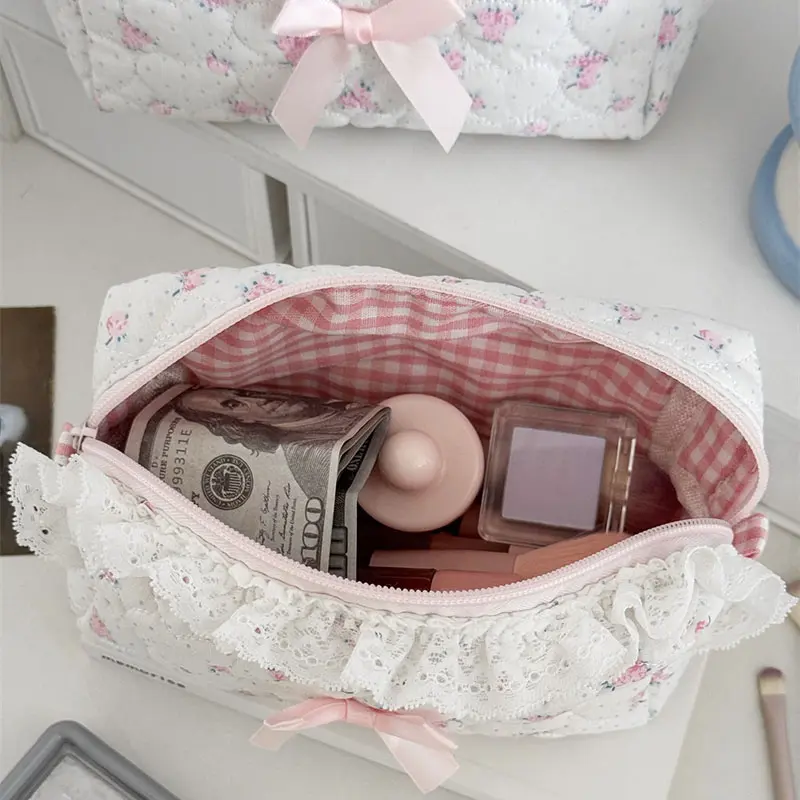 Pink Flower Women Lace Small Makeup Bag Travel Organizer Cosmetic Coins Handbag Pouch Girls Cute Bow Square Zipper Wallet Bags