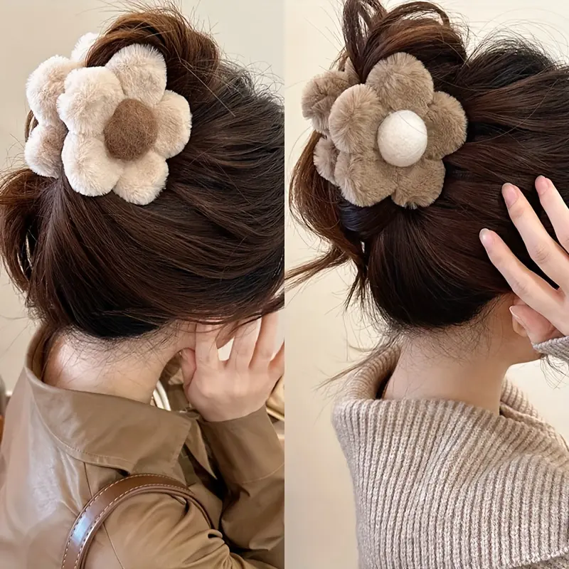 1pcs Soft Fluffy Plush Flower Hairpin | Lightweight Non-Slip Hairpin, Simple And Cute, Perfect For Daily Styling, Multiple Style