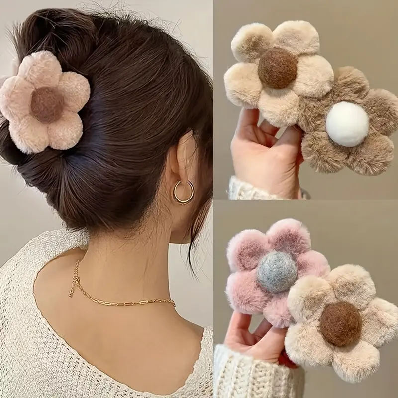 1pcs Soft Fluffy Plush Flower Hairpin | Lightweight Non-Slip Hairpin, Simple And Cute, Perfect For Daily Styling, Multiple Style