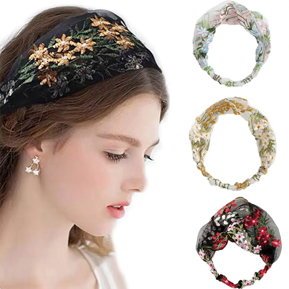Retro Women Lace Face Wash Korean Embroidery Hair Band Hair Accessories Headdress Turban Headband