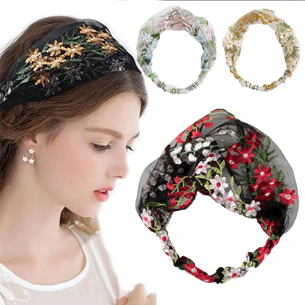 Retro Women Lace Face Wash Korean Embroidery Hair Band Hair Accessories Headdress Turban Headband
