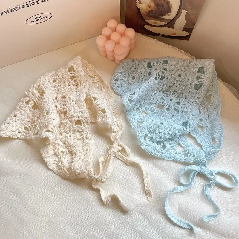 Fashion Knitted Headscarf Hat French Pastoral Style Triangle Headband Handmade Crochet Headband Towel Retro Flower Headscarf