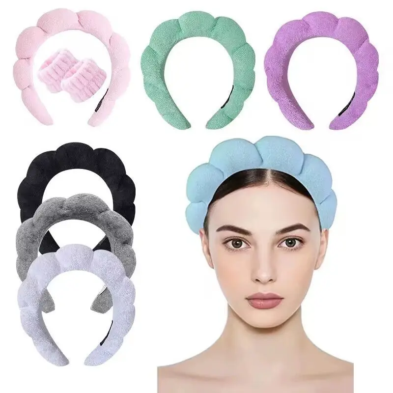 3Pcs Fashion Microfiber Washing Wristbands Scrunchies Puffy Headband Spa Bubble Headband for Washing Face Makeup Shower Skincare