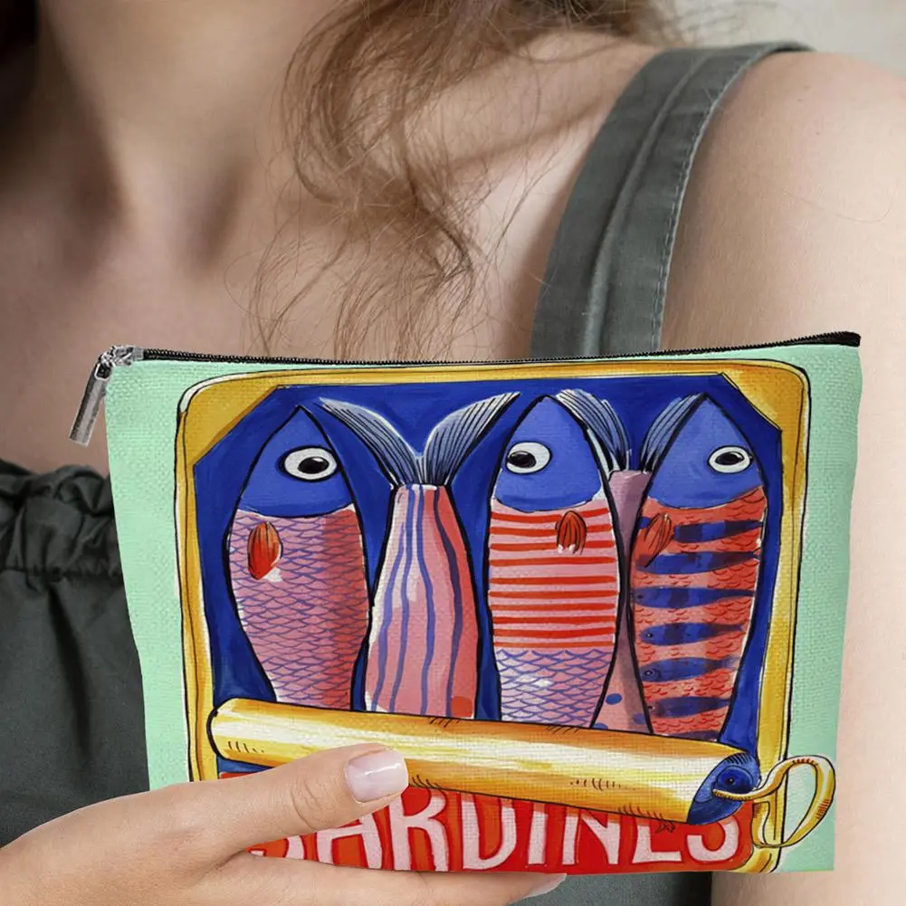 Multifunctional Fashion Cosmetic Pouch  Trendy Sardines Print Zippered Toiletry Case Durable Fade-Resistant Zipper Makeup Bag