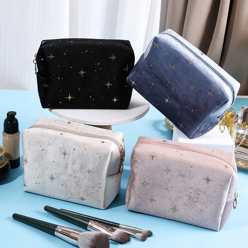 High Quality Portable Cosmetic Bag Soft Velvet with Zipper Women Toiletry Bag Hot stamping star pattern Beauty Case Pouch