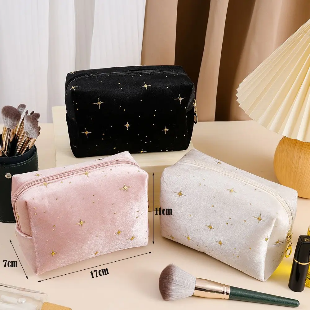 High Quality Portable Cosmetic Bag Soft Velvet with Zipper Women Toiletry Bag Hot stamping star pattern Beauty Case Pouch