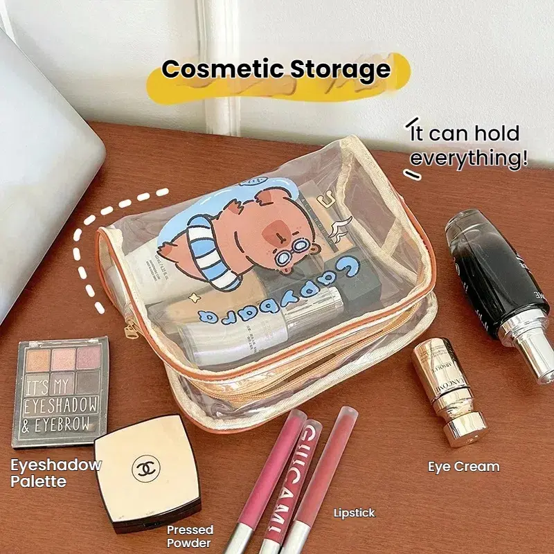 Transparent Capybara Cosmetic Storage Bag Cute Cartoon Design PVC Zipper Waterproof Large Capacity Storage Bag Clear Pouch