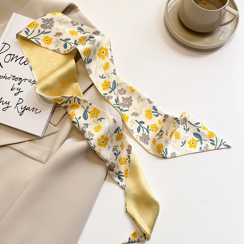 Yellow Floral Satin Hair Ribbon Women Hairband Retro Temperament Floral Print Girls Hairband Headwear Fashion Accessory Scarf