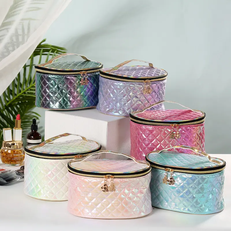 Women's Makeup Bag PU Material Colorful Plaid Large Capacity Cosmetic bag, Travel organizer Portable Storage Bag Pencil case