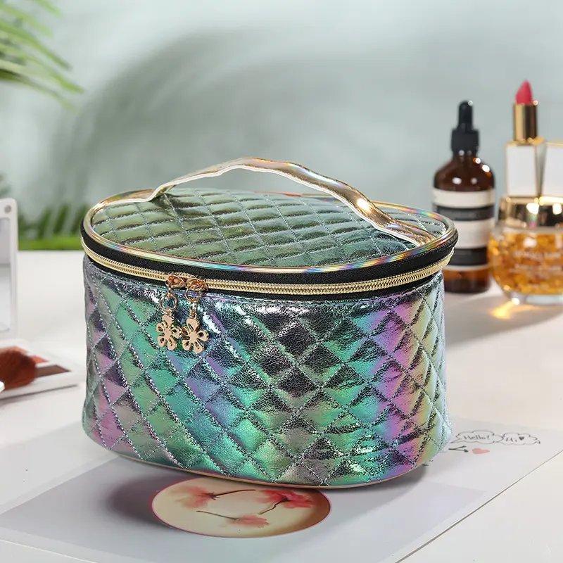 Women's Makeup Bag PU Material Colorful Plaid Large Capacity Cosmetic bag, Travel organizer Portable Storage Bag Pencil case