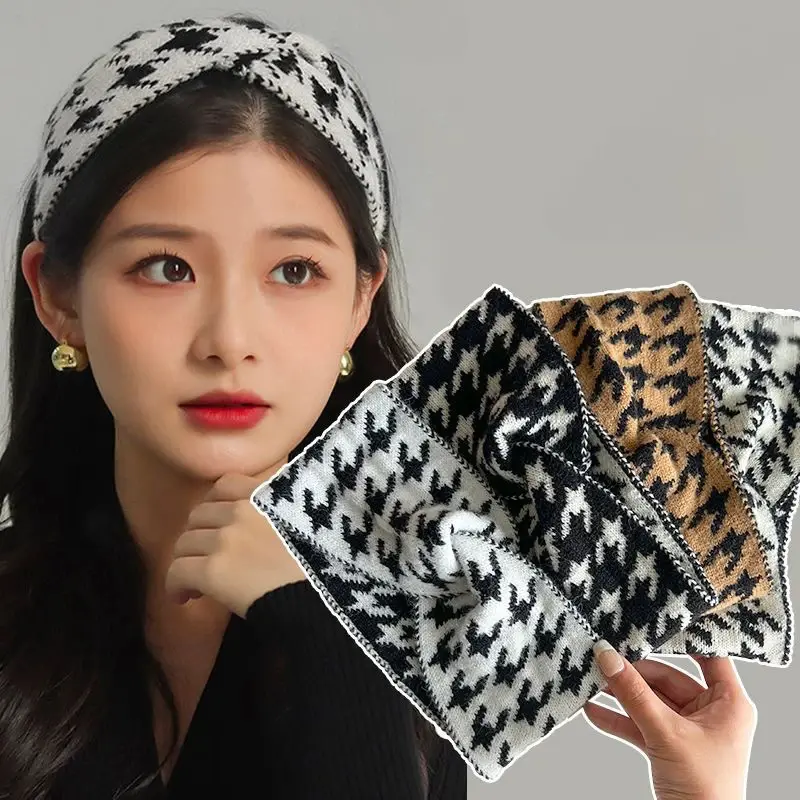 Casual Korea Houndstooth Headwrap Headbands for Women Hiar Accessories New Cotton Elastic Head Band Warm Knitted Hairbands