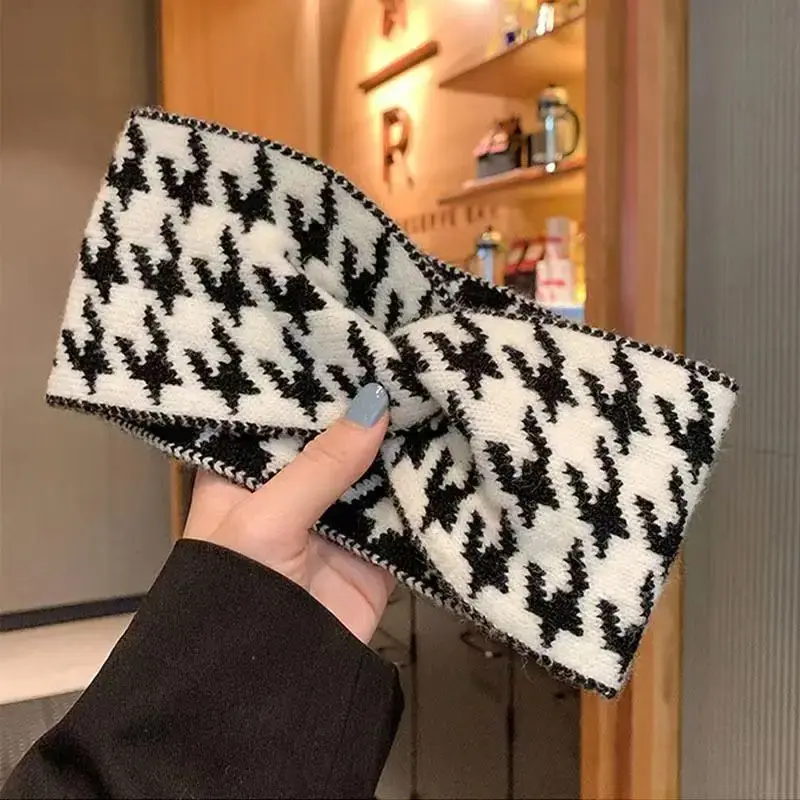 Casual Korea Houndstooth Headwrap Headbands for Women Hiar Accessories New Cotton Elastic Head Band Warm Knitted Hairbands