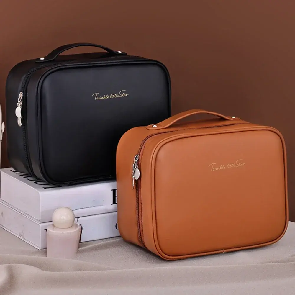 Women PU Leather Double Layer Travel Makeup Wash Clear Cosmetic Bag With Zipper Multi-Compartment Waterproof Toiletry Organizer
