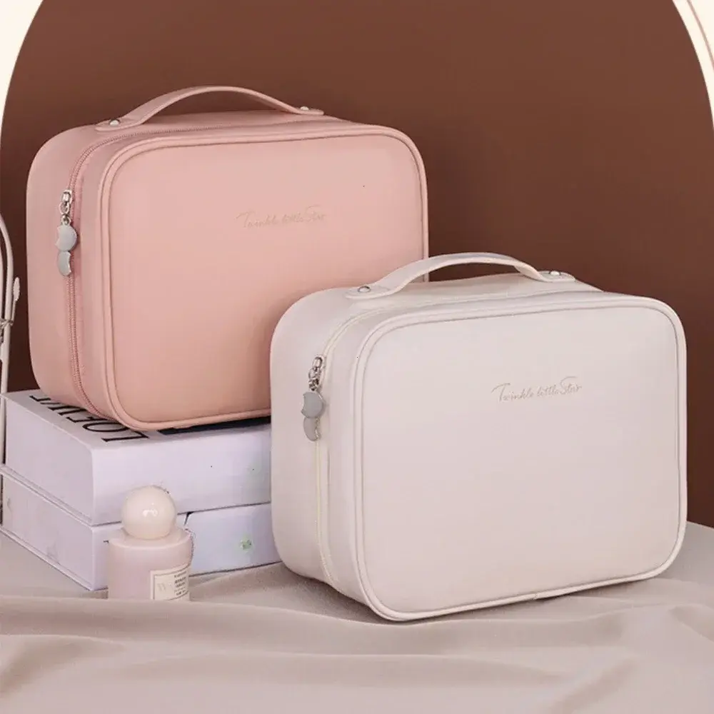 Women PU Leather Double Layer Travel Makeup Wash Clear Cosmetic Bag With Zipper Multi-Compartment Waterproof Toiletry Organizer