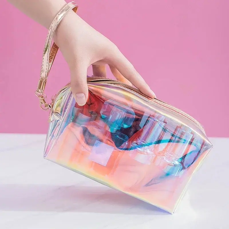 PVC Waterproof Transparent Cosmetic Bag Wash Toiletry Makeup Bag Organizer Female Girls Laser Color Zipper Make Up Beauty Case