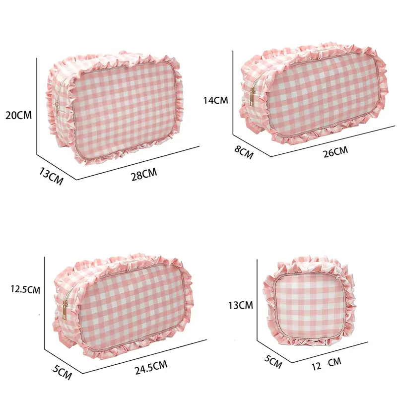 1pc Ruffle Plaid Cosmetic Bag Letter Patch Personalized Nylon Pink Bule Toiletry Bag New Travel Cosmetic Makeup Bag Organizer