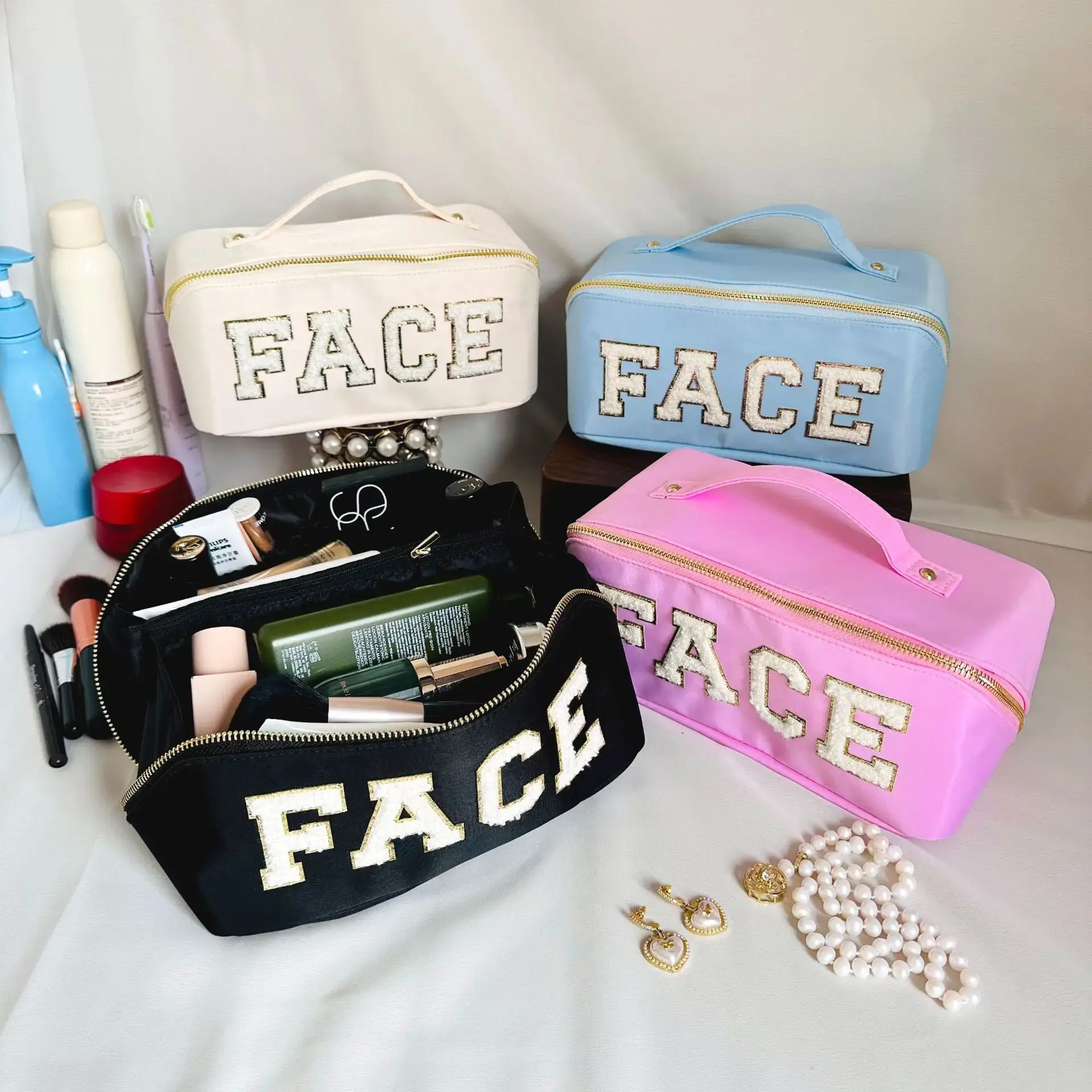 Letter Sticker Women's Nylon Cosmetic Bags Simple Ladies Make Up Case Large Clutch Purse Female Travel Toiletry Bag Handbags