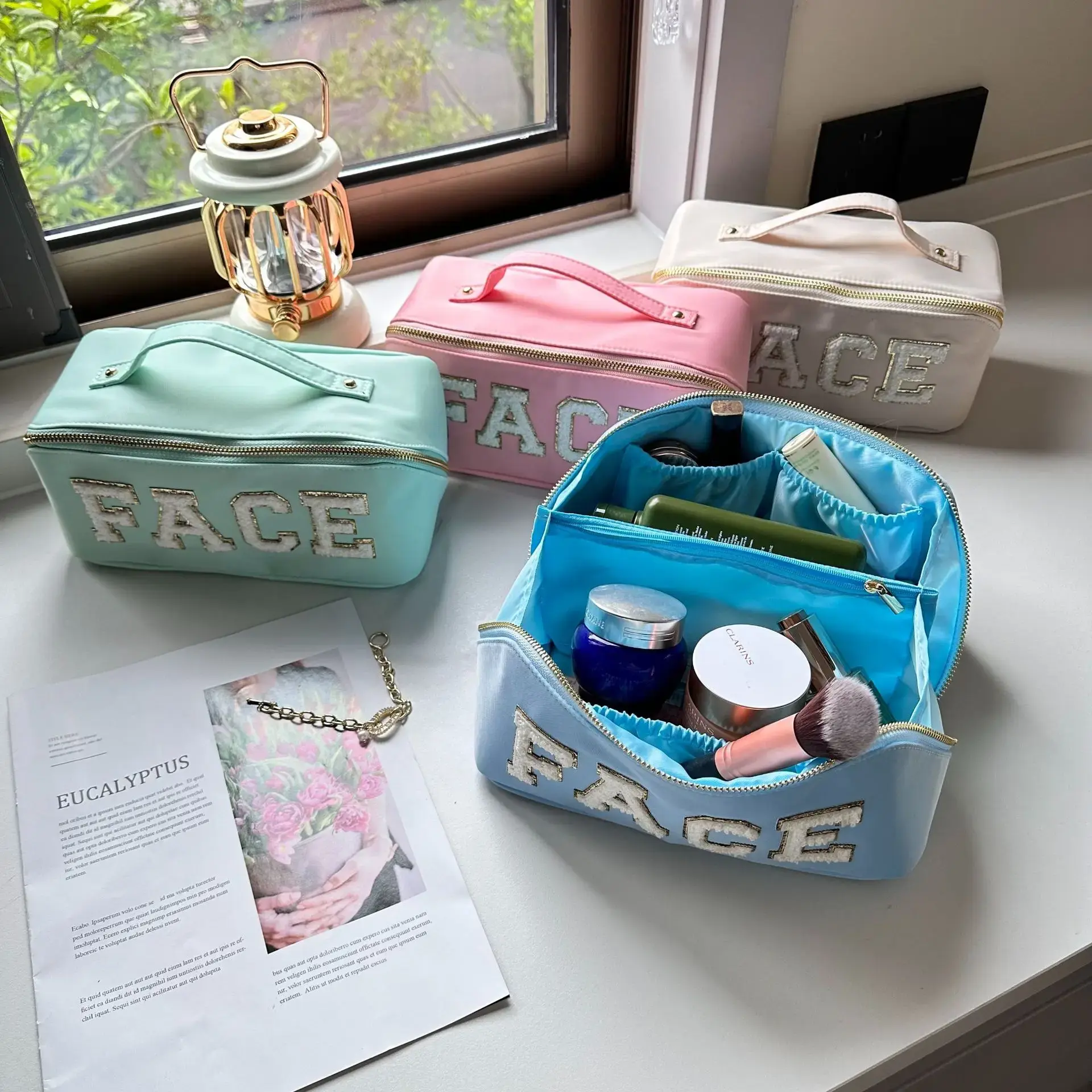 Letter Sticker Women's Nylon Cosmetic Bags Simple Ladies Make Up Case Large Clutch Purse Female Travel Toiletry Bag Handbags