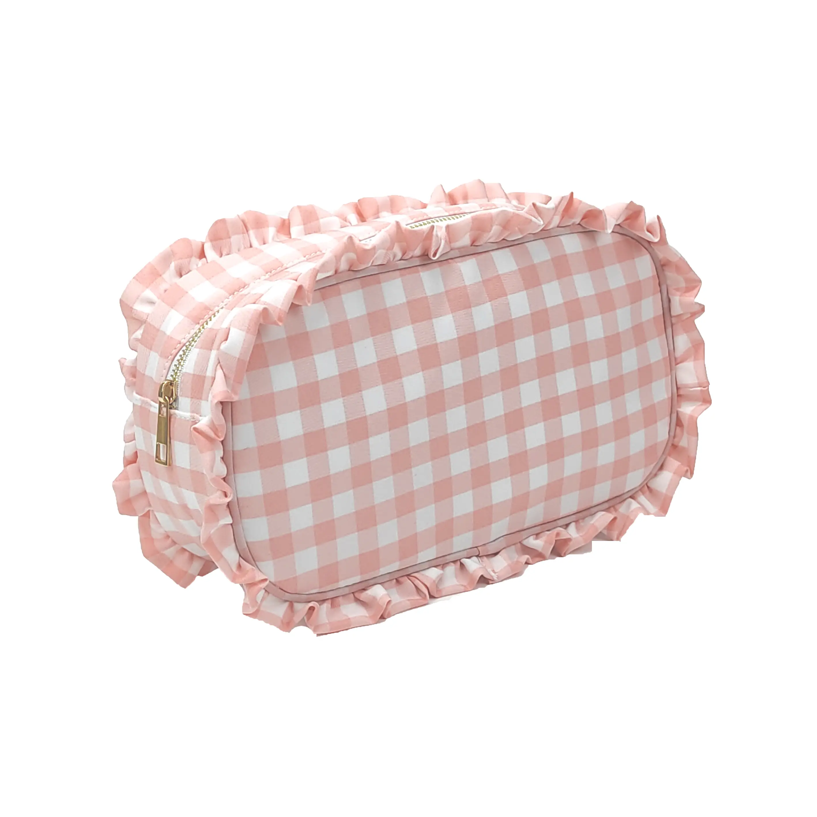 1pc Ruffle Plaid Cosmetic Bag Letter Patch Personalized Nylon Pink Bule Toiletry Bag New Travel Cosmetic Makeup Bag Organizer