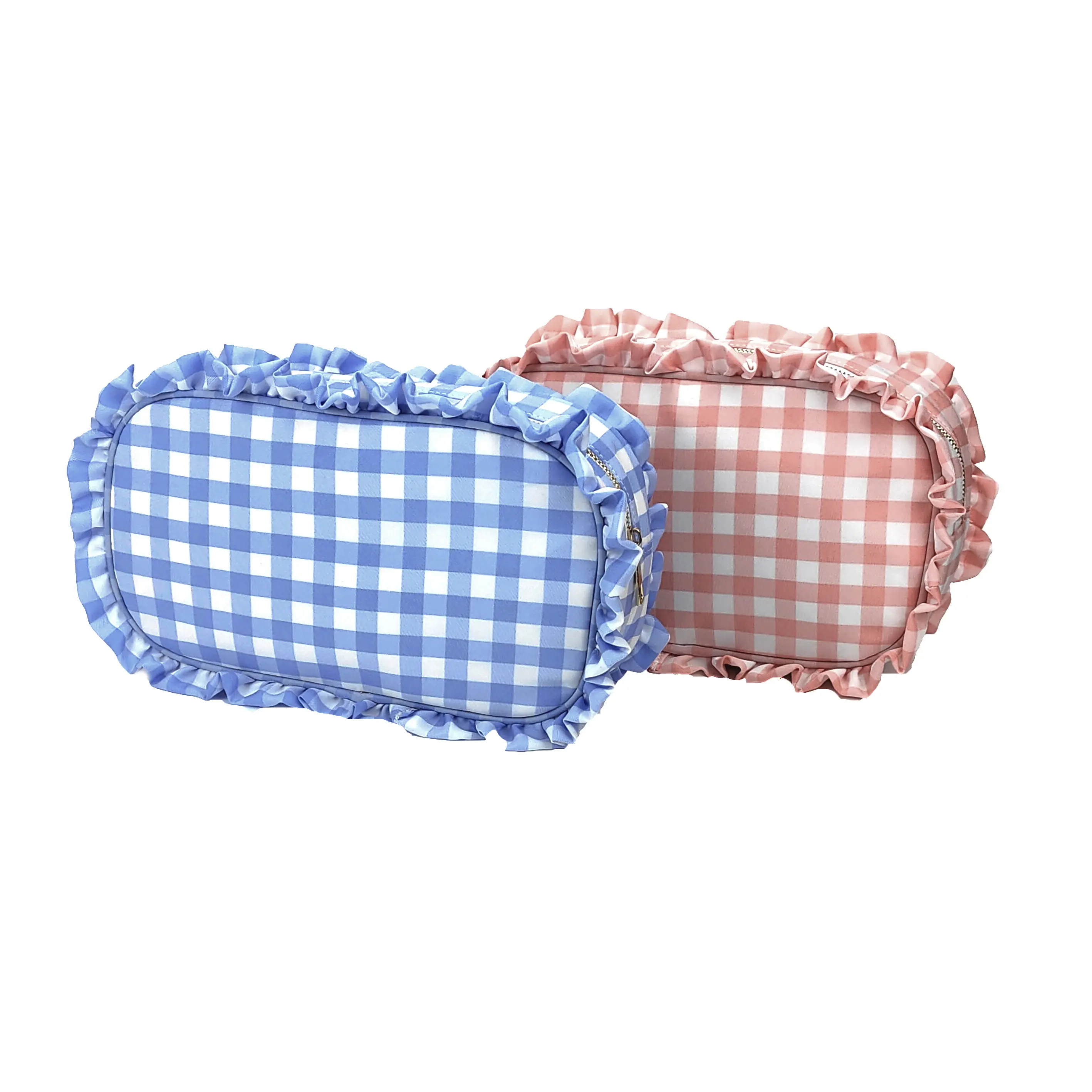 1pc Ruffle Plaid Cosmetic Bag Letter Patch Personalized Nylon Pink Bule Toiletry Bag New Travel Cosmetic Makeup Bag Organizer