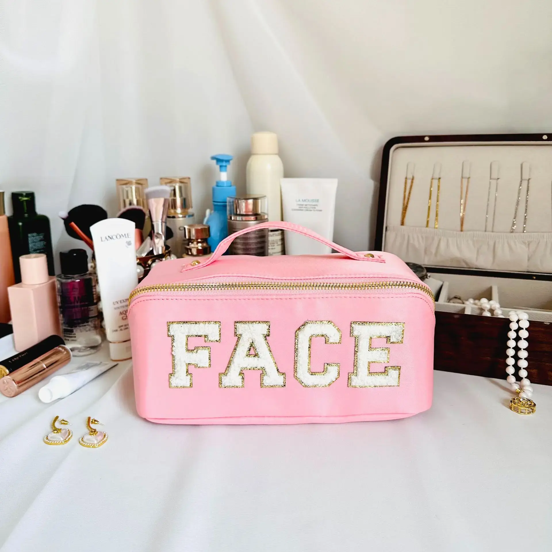 Letter Sticker Women's Nylon Cosmetic Bags Simple Ladies Make Up Case Large Clutch Purse Female Travel Toiletry Bag Handbags