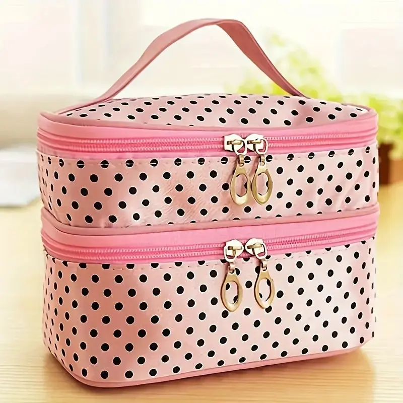 Double Layer Travel Makeup Bag for Women - Large Toiletry Pouch with Handle & Brush Storage Compartment, Spacious Cosmetic Organ