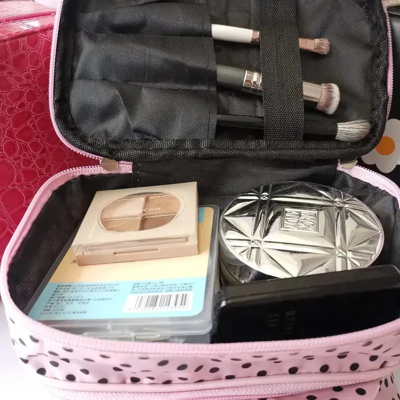 Double Layer Travel Makeup Bag for Women - Large Toiletry Pouch with Handle & Brush Storage Compartment, Spacious Cosmetic Organ