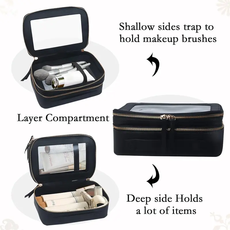 Clear Double Sided Cosmetics Bag Gold Zipper PU Saffiano Leather Transparent Makeup Organizer Toiletry Bag For Travel Gym