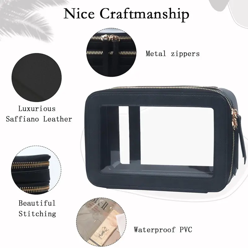 Clear Double Sided Cosmetics Bag Gold Zipper PU Saffiano Leather Transparent Makeup Organizer Toiletry Bag For Travel Gym
