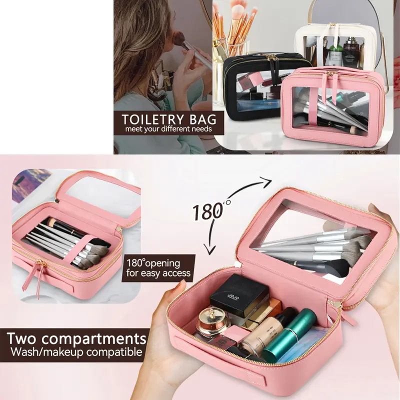 Clear Double Sided Cosmetics Bag Gold Zipper PU Saffiano Leather Transparent Makeup Organizer Toiletry Bag For Travel Gym