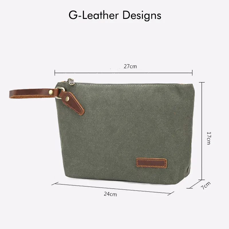 Casual Canvas Organizer Bag With Genuine Leather Wrist Strap Men Women Clutch Bag Wash Bag Travel Cosmetic Bag