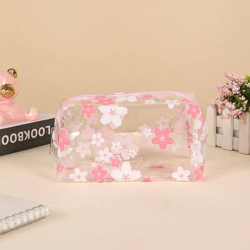 1 Piece Creative Design Transparent Makeup Case for Women Sweet Flower Cherry Bag Organizer Cute Large Capacity Cosmetic Bag