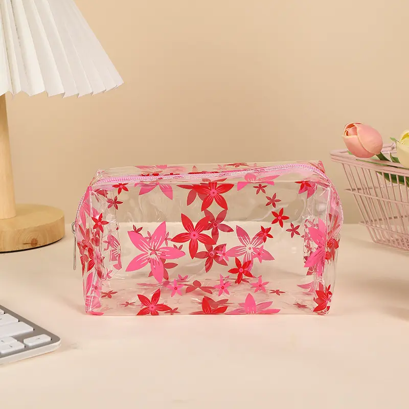 1 Piece Creative Design Transparent Makeup Case for Women Sweet Flower Cherry Bag Organizer Cute Large Capacity Cosmetic Bag