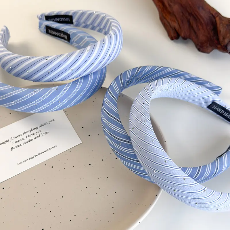 Beach Blue Striped Headbands New Twill Fabric Sponge Hair Hoop for Womans Girls Sweet Elegant Hair Band Fashion Retro Headdress