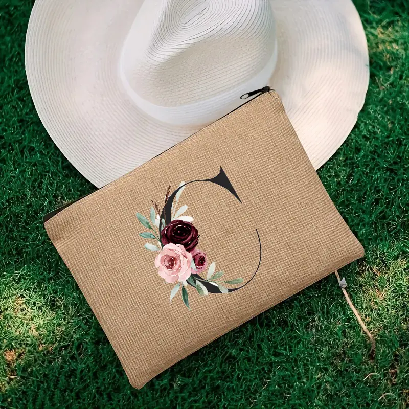 Letter Font Clutch Custom Name Letter Flower Combination Linen Lipstick Bag Travel Organizer Case Simple Wristlet Clutch Bag